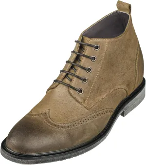 CALTO Men's Invisible Height Increasing Elevator Shoes - Khaki Premium Leather Lace-up Lightweight Wing-tip Work Boots - 3 Inches Taller - S3653 - Size 8 D(M) US