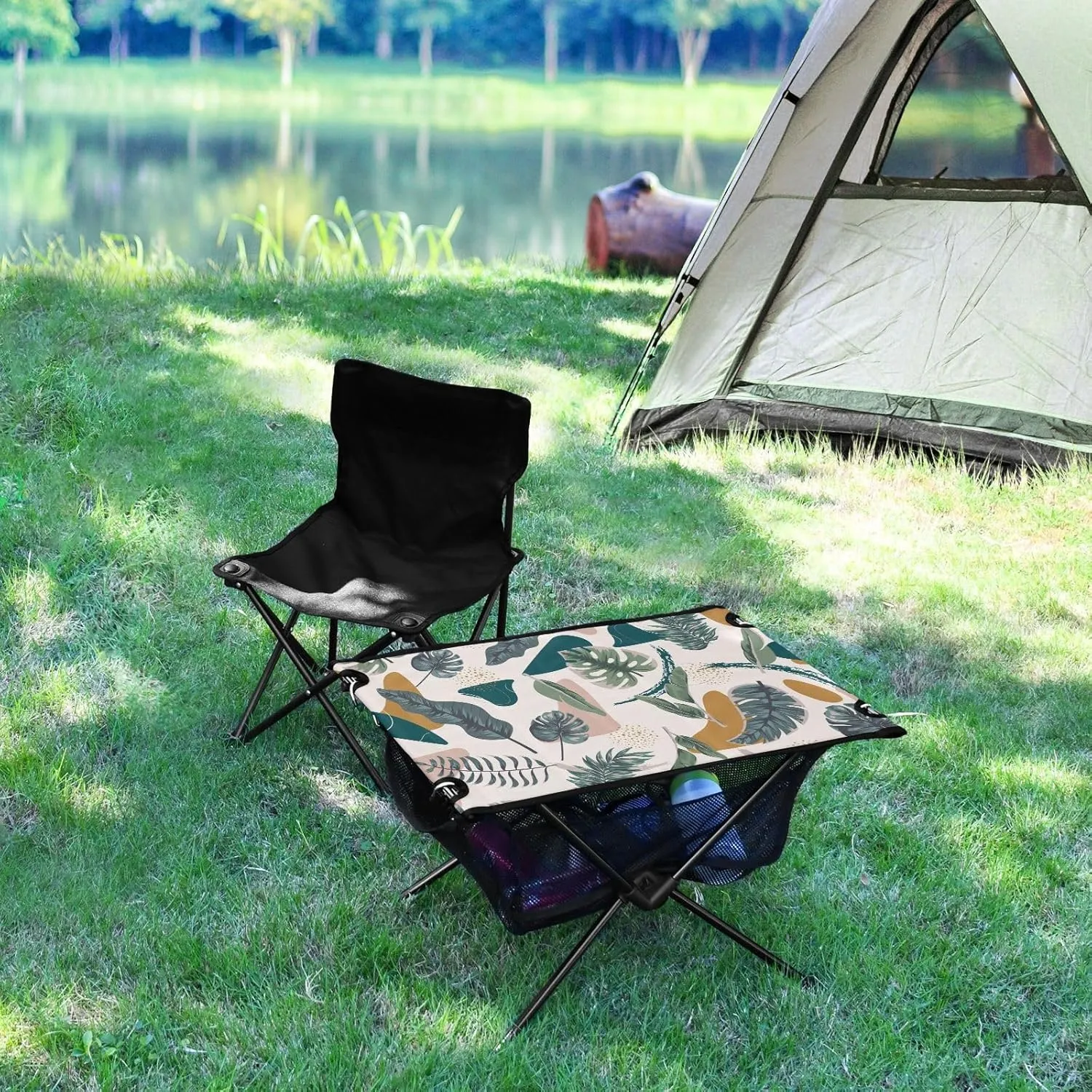 Camping Table Portable Outdoor Folding Table with Storage Mesh for Hiking Picnics BBQ Cooking Dining Kitchen Backpacking Abstract Leaves