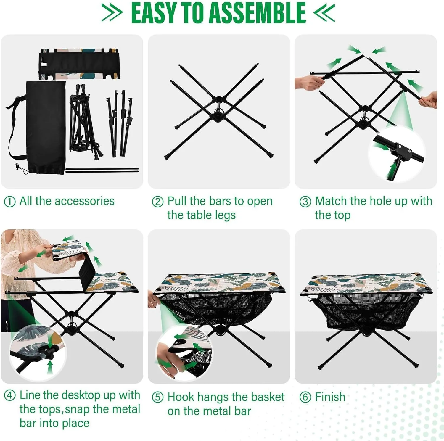 Camping Table Portable Outdoor Folding Table with Storage Mesh for Hiking Picnics BBQ Cooking Dining Kitchen Backpacking Abstract Leaves
