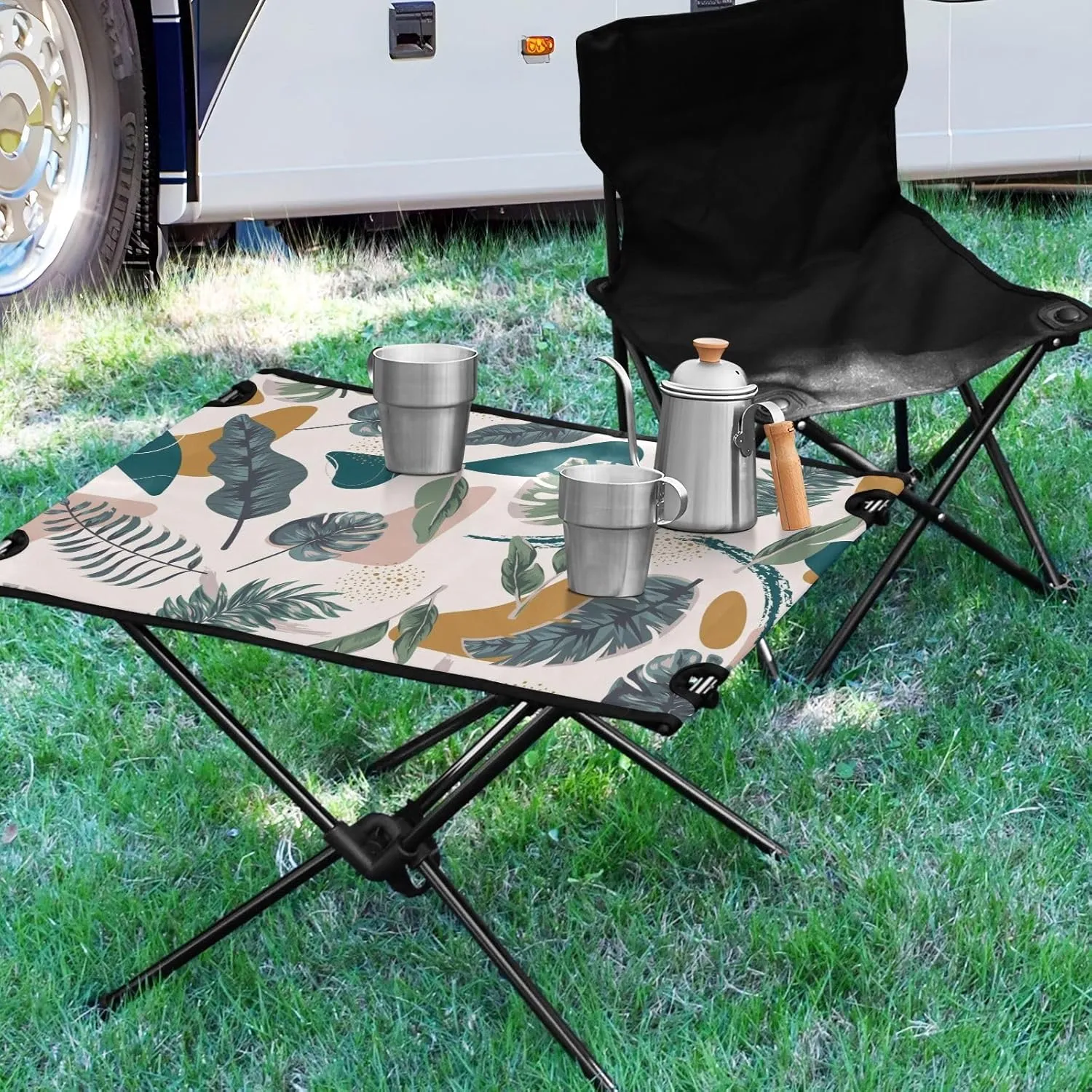 Camping Table Portable Outdoor Folding Table with Storage Mesh for Hiking Picnics BBQ Cooking Dining Kitchen Backpacking Abstract Leaves