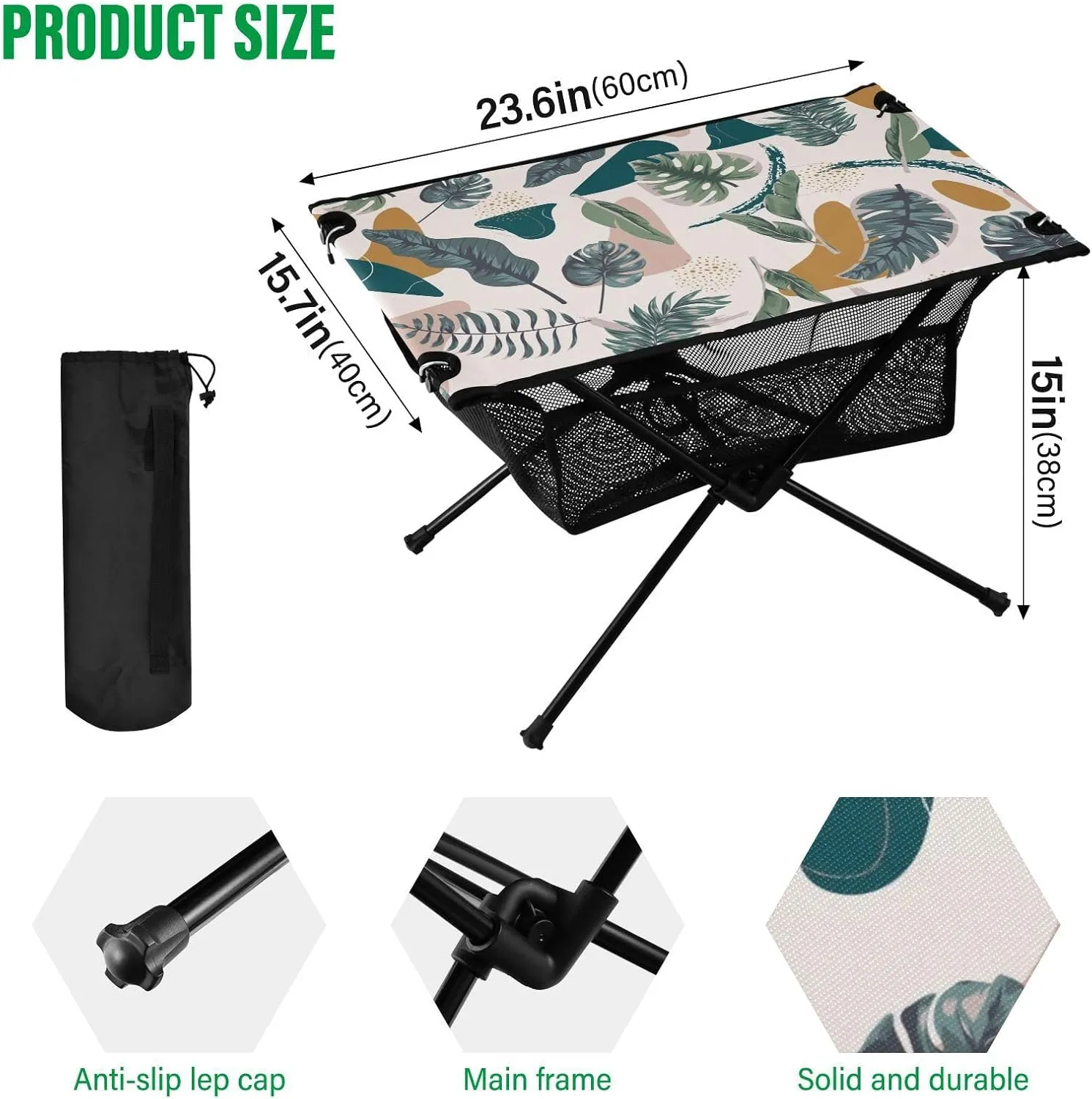 Camping Table Portable Outdoor Folding Table with Storage Mesh for Hiking Picnics BBQ Cooking Dining Kitchen Backpacking Abstract Leaves