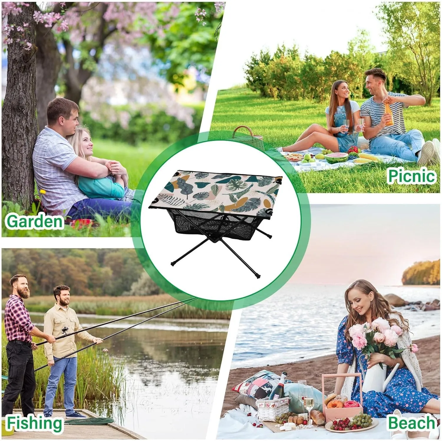 Camping Table Portable Outdoor Folding Table with Storage Mesh for Hiking Picnics BBQ Cooking Dining Kitchen Backpacking Abstract Leaves