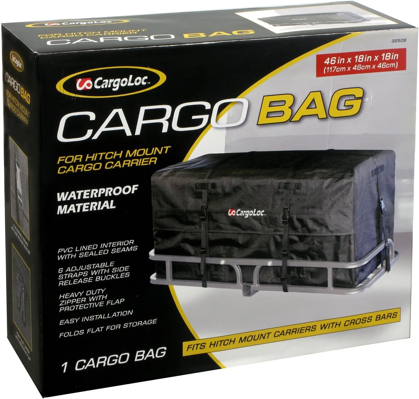 CargoLoc 32509 46" x 18" x 18" Cargo Bag for Hitch Mounts - Waterproof, Heavy-Duty Zipper, Fits Hitch Mount Carriers with Cross Bars, Foldable