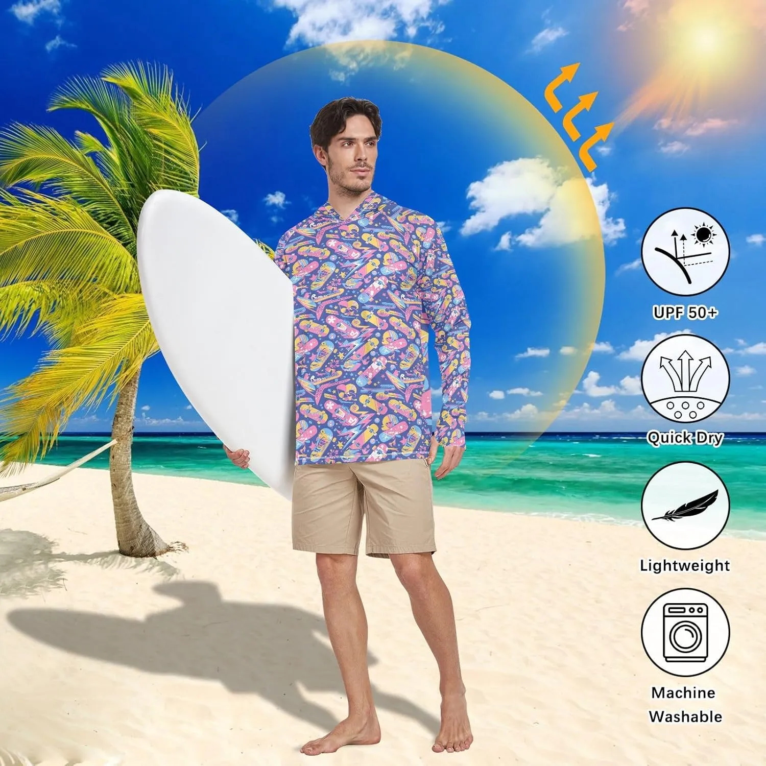 Cartoon Blue Sun Shirt Hoodie for Men Long Sleeve Mens Sun Shirts UPF 50  Beach Hoodies Hooded UV Rashguard for Men