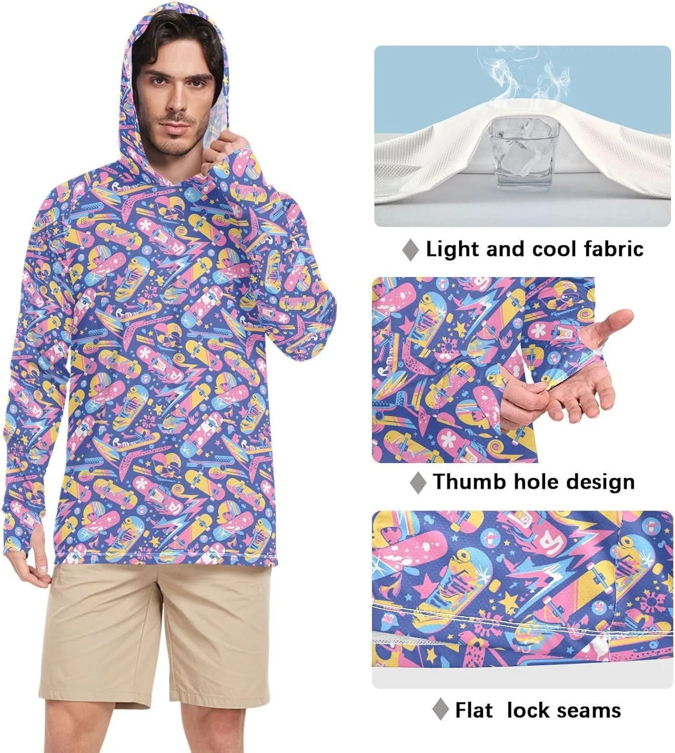 Cartoon Blue Sun Shirt Hoodie for Men Long Sleeve Mens Sun Shirts UPF 50  Beach Hoodies Hooded UV Rashguard for Men