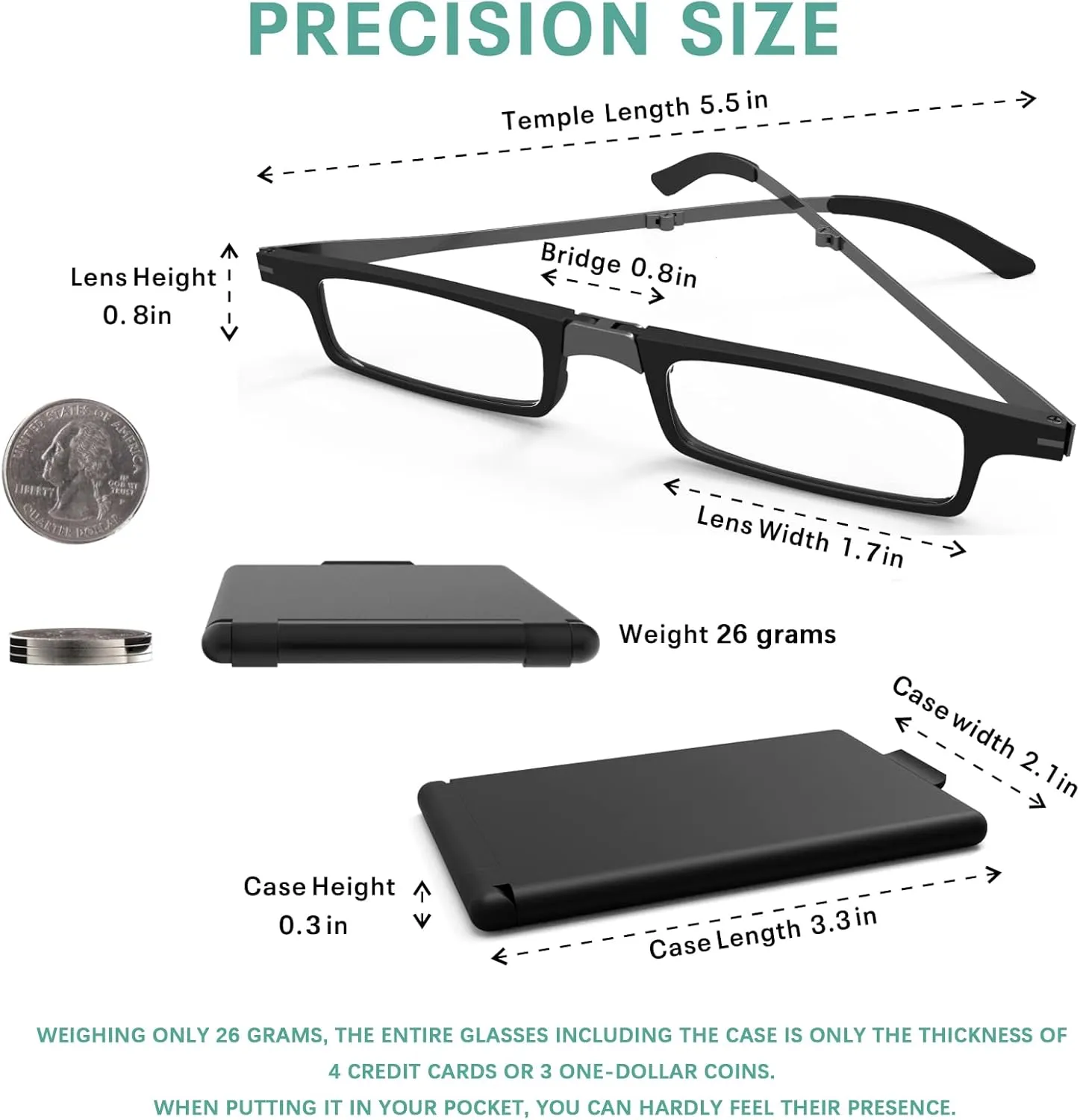 Case Upgrade Ultra-light and Thin Foldable Reading Glasses Folding Readers for Men Women Compact Portable Rectangle Eyewear Case (Black, 2.25)