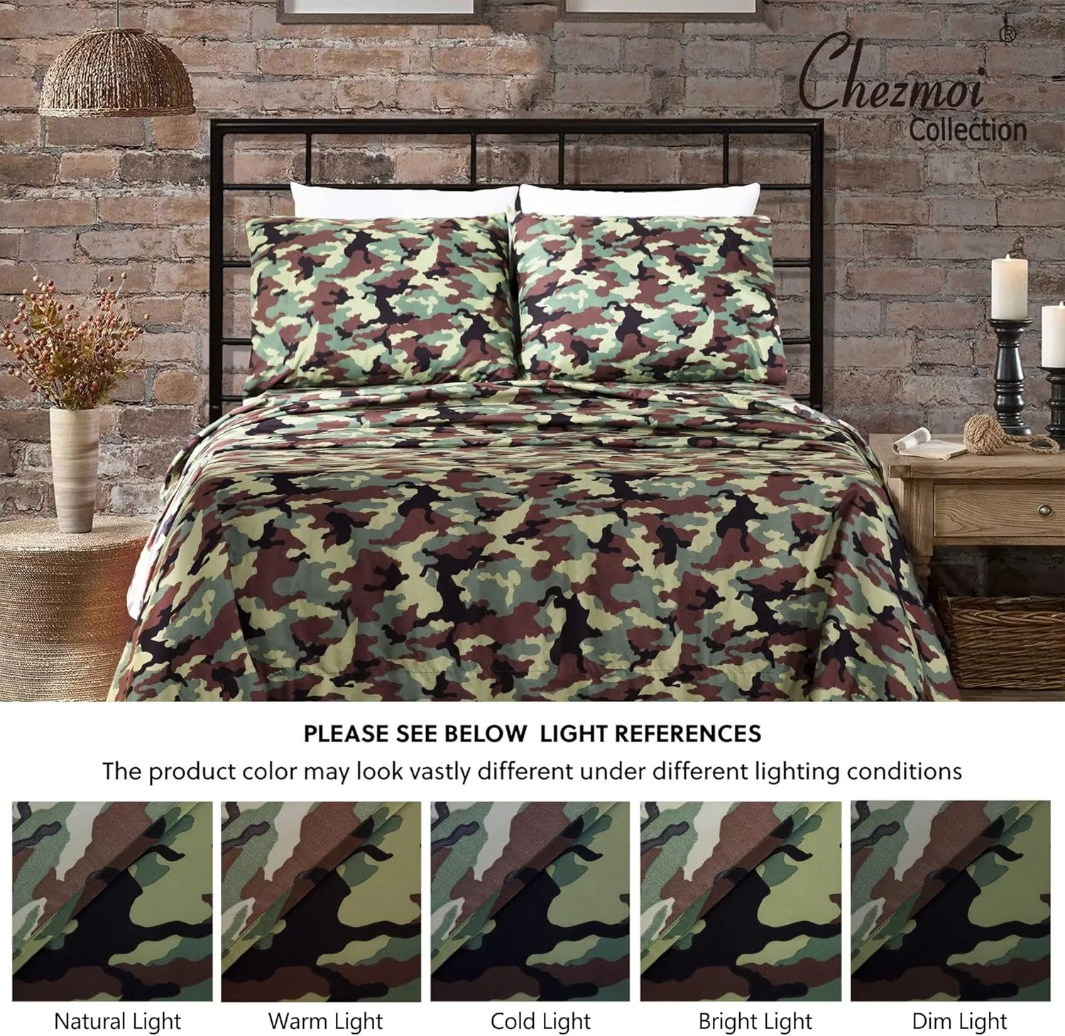 Chezmoi Collection Military Camo 4-Piece Sheet Set - Camouflage Army Green Printed Microfiber Soft Breathable Deep Pocket Sheets and Pillowcases Set, Full Size