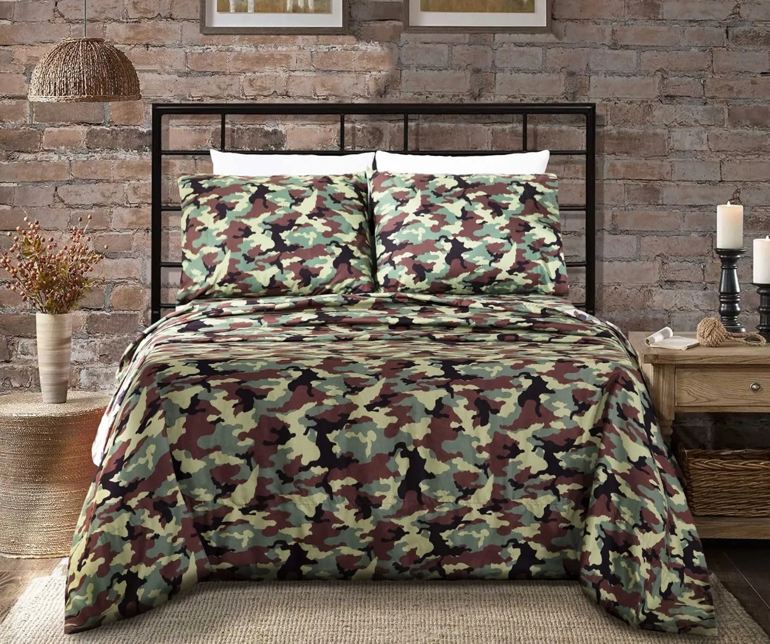 Chezmoi Collection Military Camo 4-Piece Sheet Set - Camouflage Army Green Printed Microfiber Soft Breathable Deep Pocket Sheets and Pillowcases Set, Full Size