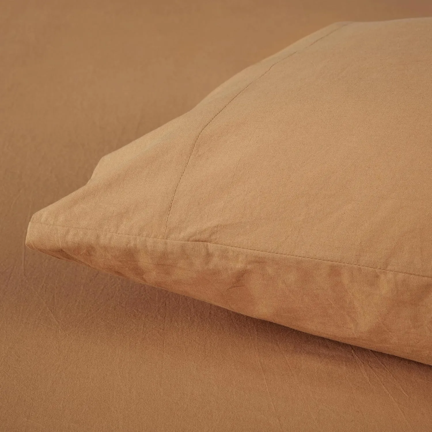 Chezmoi Collection Solid Caramel 100% Washed Cotton Bed Sheet Set Queen Size, 4-Piece Luxury Soft Breathable 16-Inches Deep Pocket Sheets and Pillowcases Set