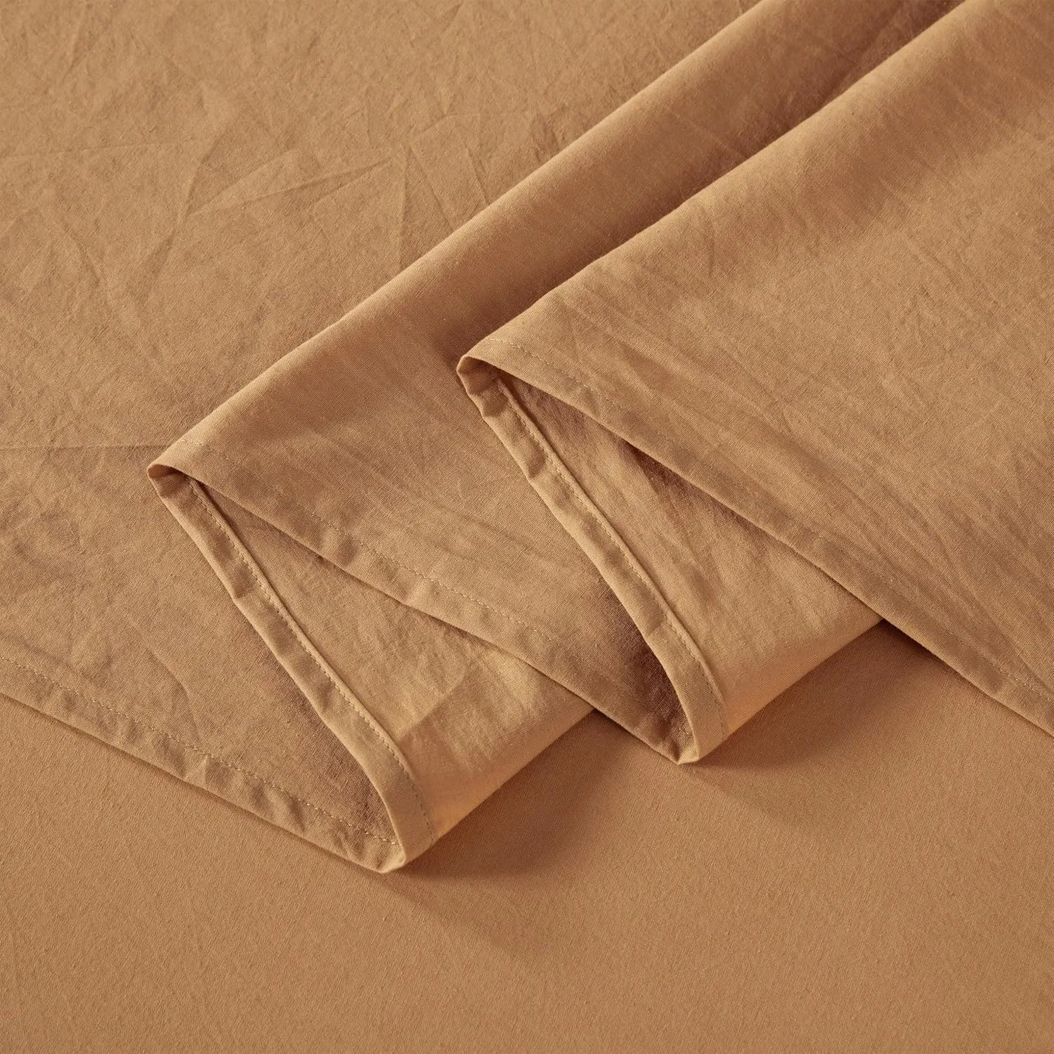 Chezmoi Collection Solid Caramel 100% Washed Cotton Bed Sheet Set Queen Size, 4-Piece Luxury Soft Breathable 16-Inches Deep Pocket Sheets and Pillowcases Set
