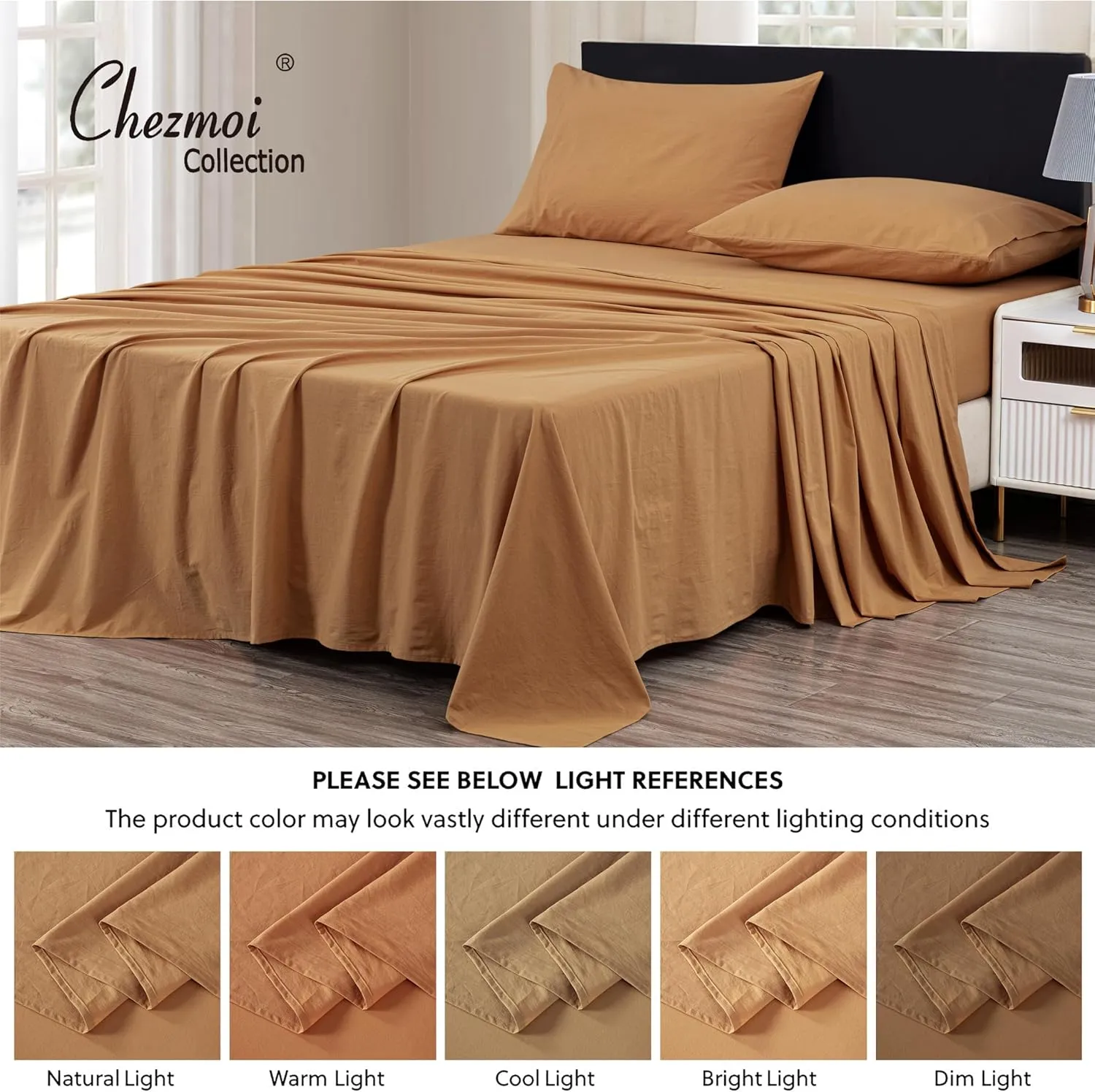 Chezmoi Collection Solid Caramel 100% Washed Cotton Bed Sheet Set Queen Size, 4-Piece Luxury Soft Breathable 16-Inches Deep Pocket Sheets and Pillowcases Set