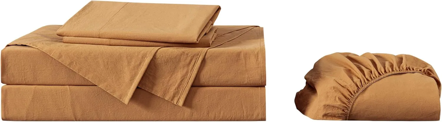 Chezmoi Collection Solid Caramel 100% Washed Cotton Bed Sheet Set Queen Size, 4-Piece Luxury Soft Breathable 16-Inches Deep Pocket Sheets and Pillowcases Set