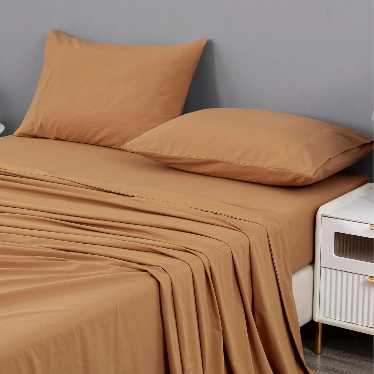 Chezmoi Collection Solid Caramel 100% Washed Cotton Bed Sheet Set Queen Size, 4-Piece Luxury Soft Breathable 16-Inches Deep Pocket Sheets and Pillowcases Set