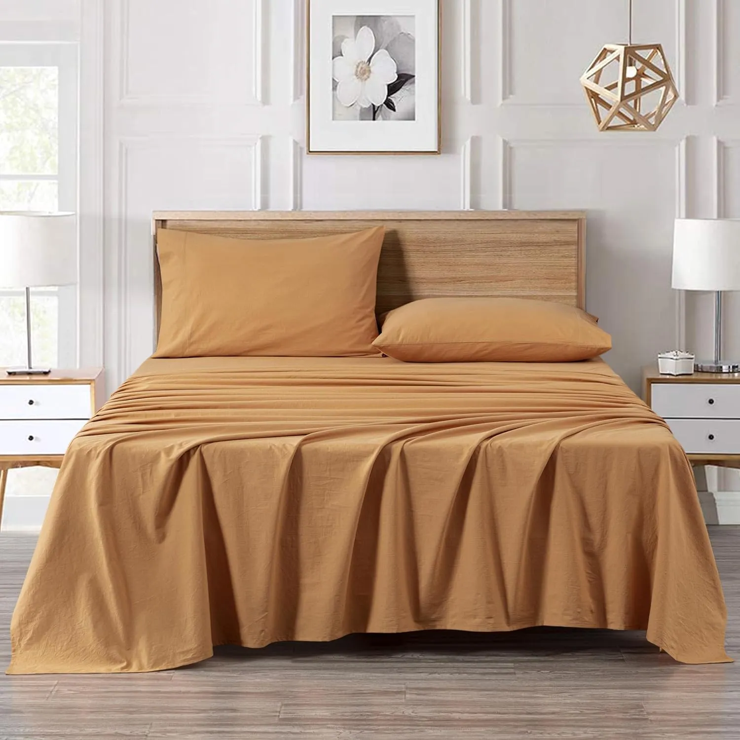 Chezmoi Collection Solid Caramel 100% Washed Cotton Bed Sheet Set Queen Size, 4-Piece Luxury Soft Breathable 16-Inches Deep Pocket Sheets and Pillowcases Set