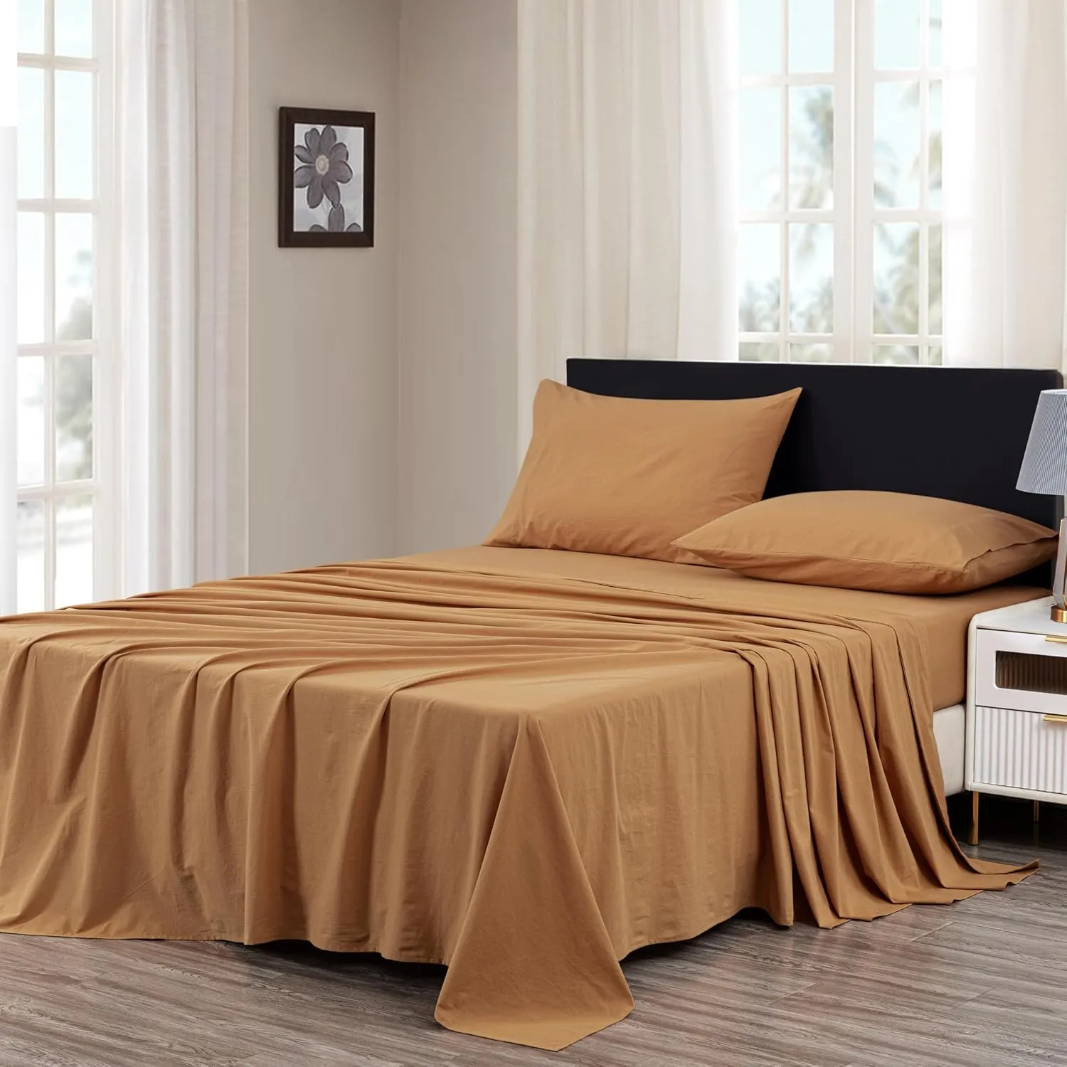 Chezmoi Collection Solid Caramel 100% Washed Cotton Bed Sheet Set Queen Size, 4-Piece Luxury Soft Breathable 16-Inches Deep Pocket Sheets and Pillowcases Set