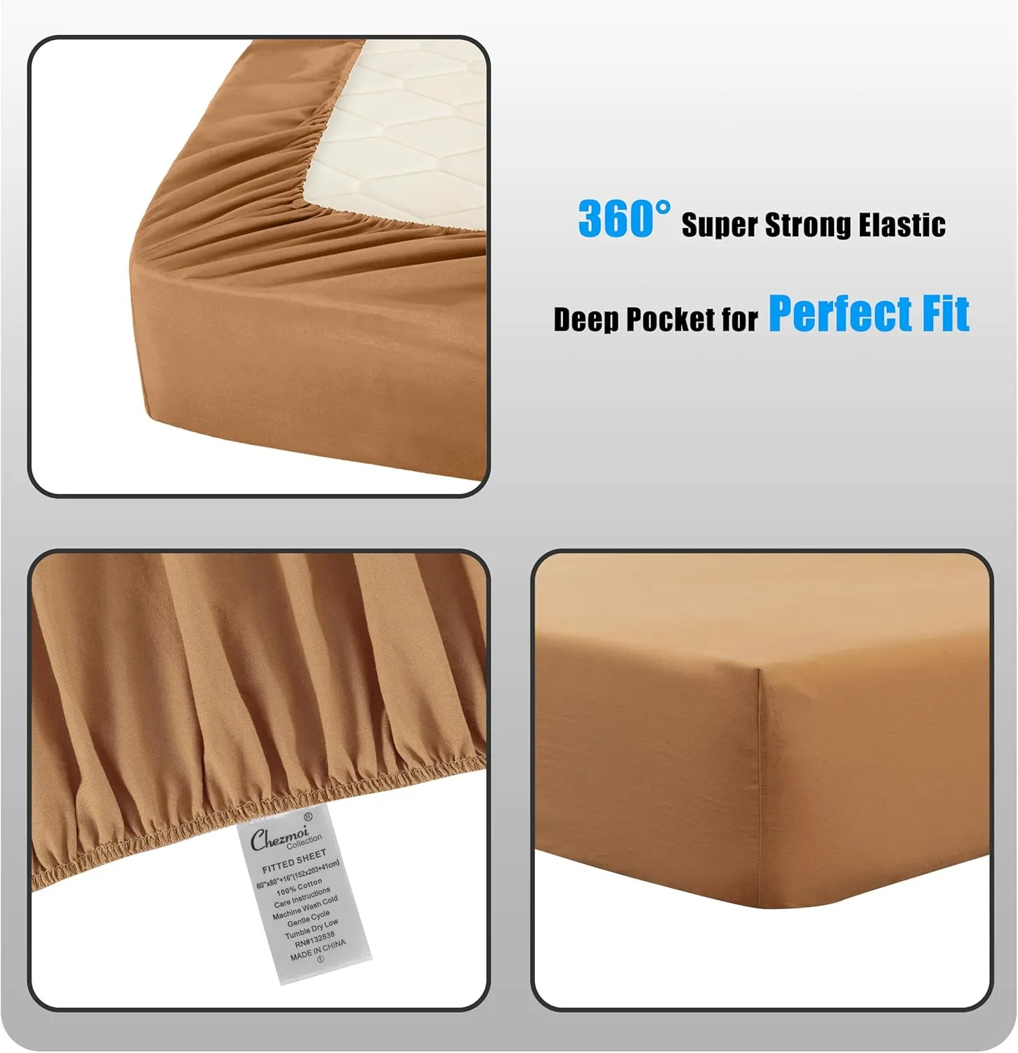 Chezmoi Collection Solid Caramel 100% Washed Cotton Bed Sheet Set Queen Size, 4-Piece Luxury Soft Breathable 16-Inches Deep Pocket Sheets and Pillowcases Set