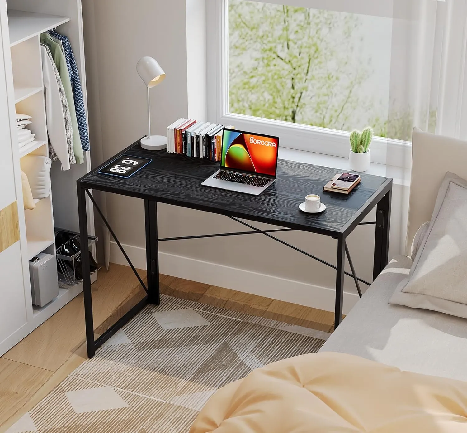 Coavas Folding Desk 39.4 inch Foldable Small Portable Computer Desks, Spaces Saving Writing Sturdy Table for Bedroom, Home Office, Dorm, Apartment, Pre Assembled, Black Wood