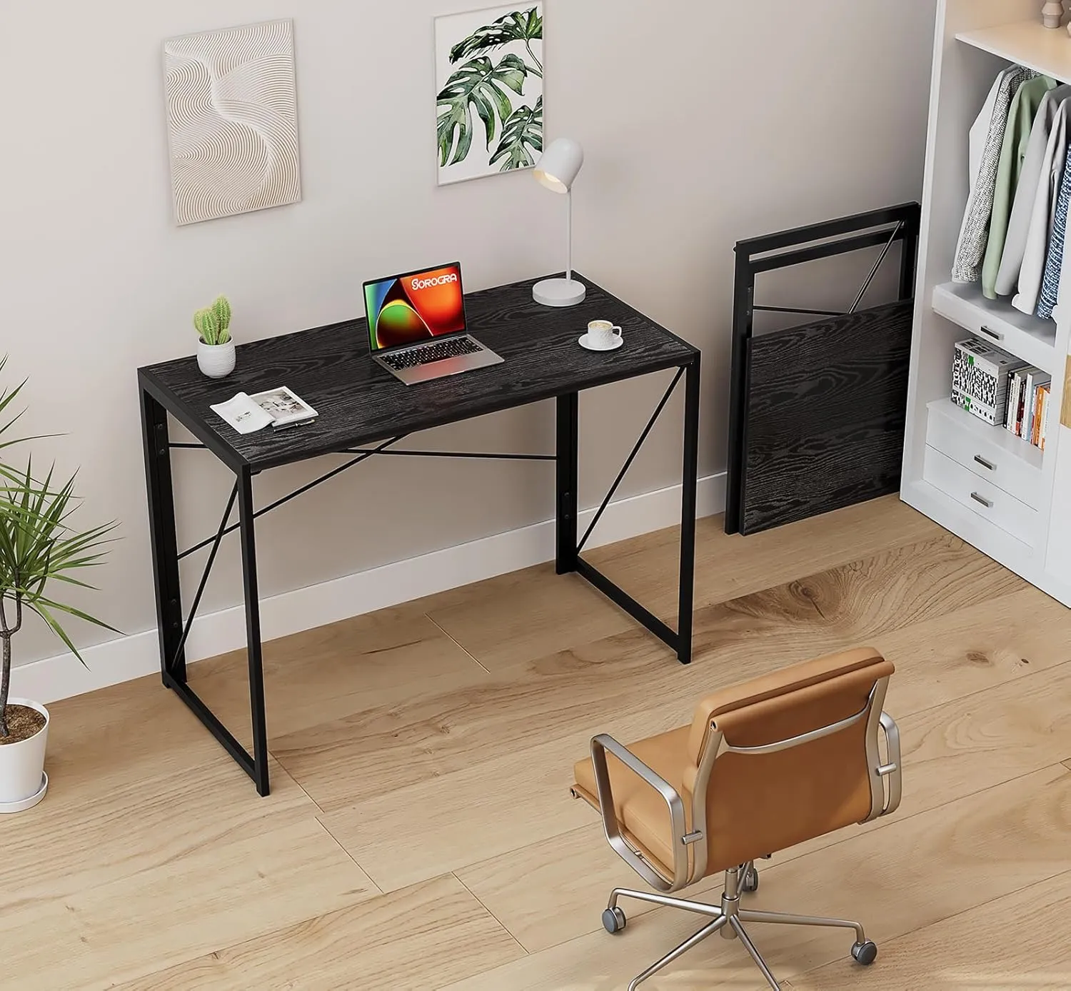 Coavas Folding Desk 39.4 inch Foldable Small Portable Computer Desks, Spaces Saving Writing Sturdy Table for Bedroom, Home Office, Dorm, Apartment, Pre Assembled, Black Wood