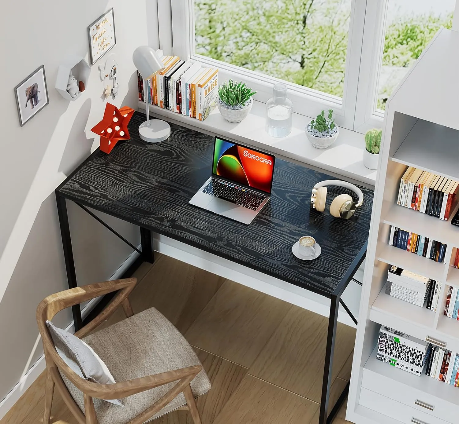 Coavas Folding Desk 39.4 inch Foldable Small Portable Computer Desks, Spaces Saving Writing Sturdy Table for Bedroom, Home Office, Dorm, Apartment, Pre Assembled, Black Wood