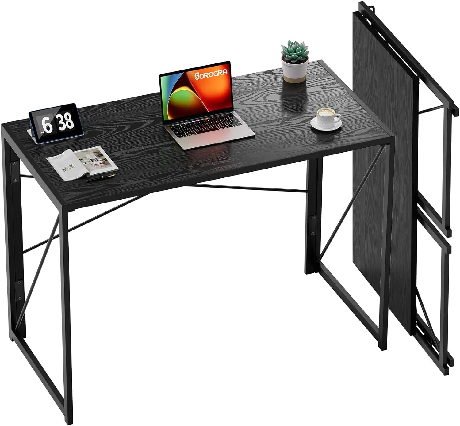 Coavas Folding Desk 39.4 inch Foldable Small Portable Computer Desks, Spaces Saving Writing Sturdy Table for Bedroom, Home Office, Dorm, Apartment, Pre Assembled, Black Wood
