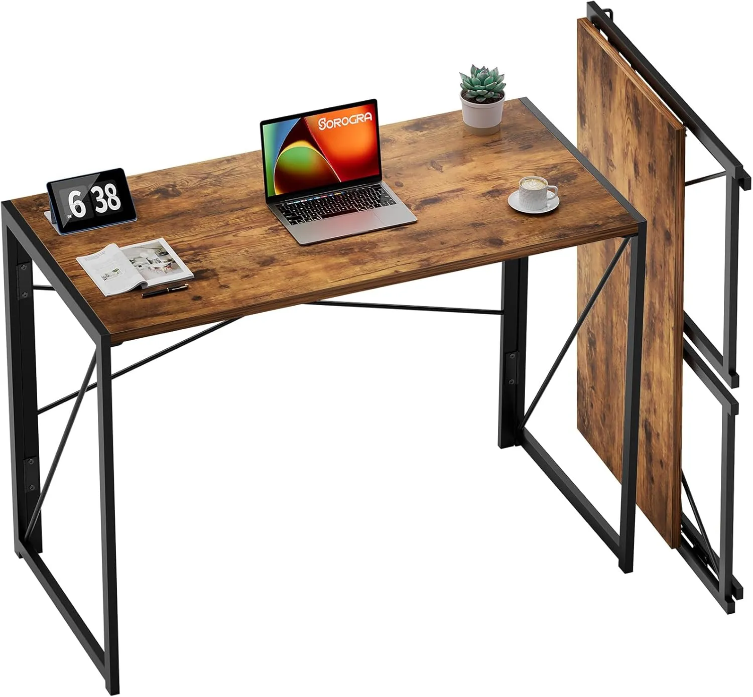Coavas Small Folding Desk, No Assembly Required Computer Desks, 39.4 inch Spaces Saving Foldable Table for Bedroom, Home Office, Dorm, Apartment, Slippy Vintage Brown