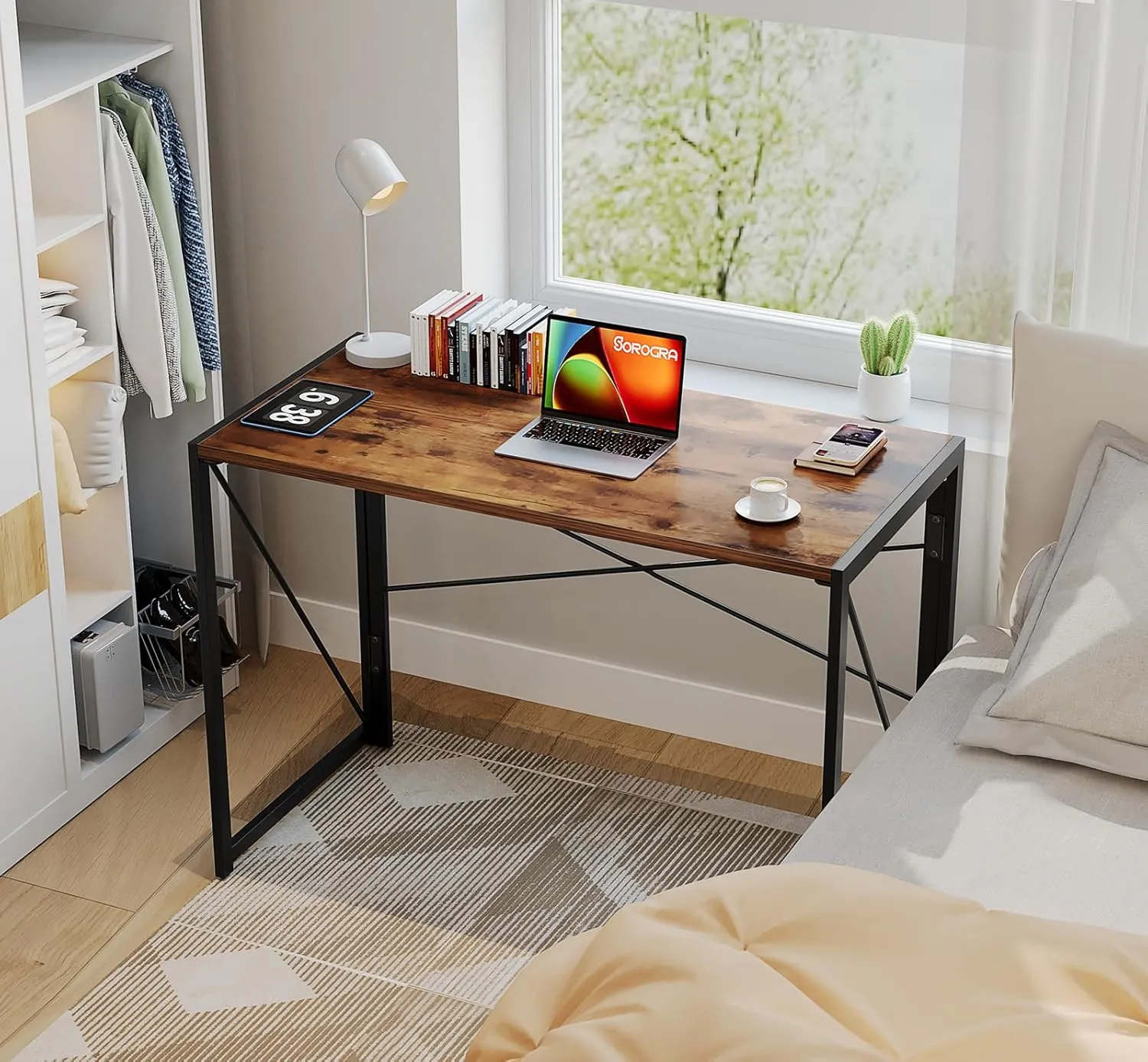 Coavas Small Folding Desk, No Assembly Required Computer Desks, 39.4 inch Spaces Saving Foldable Table for Bedroom, Home Office, Dorm, Apartment, Slippy Vintage Brown