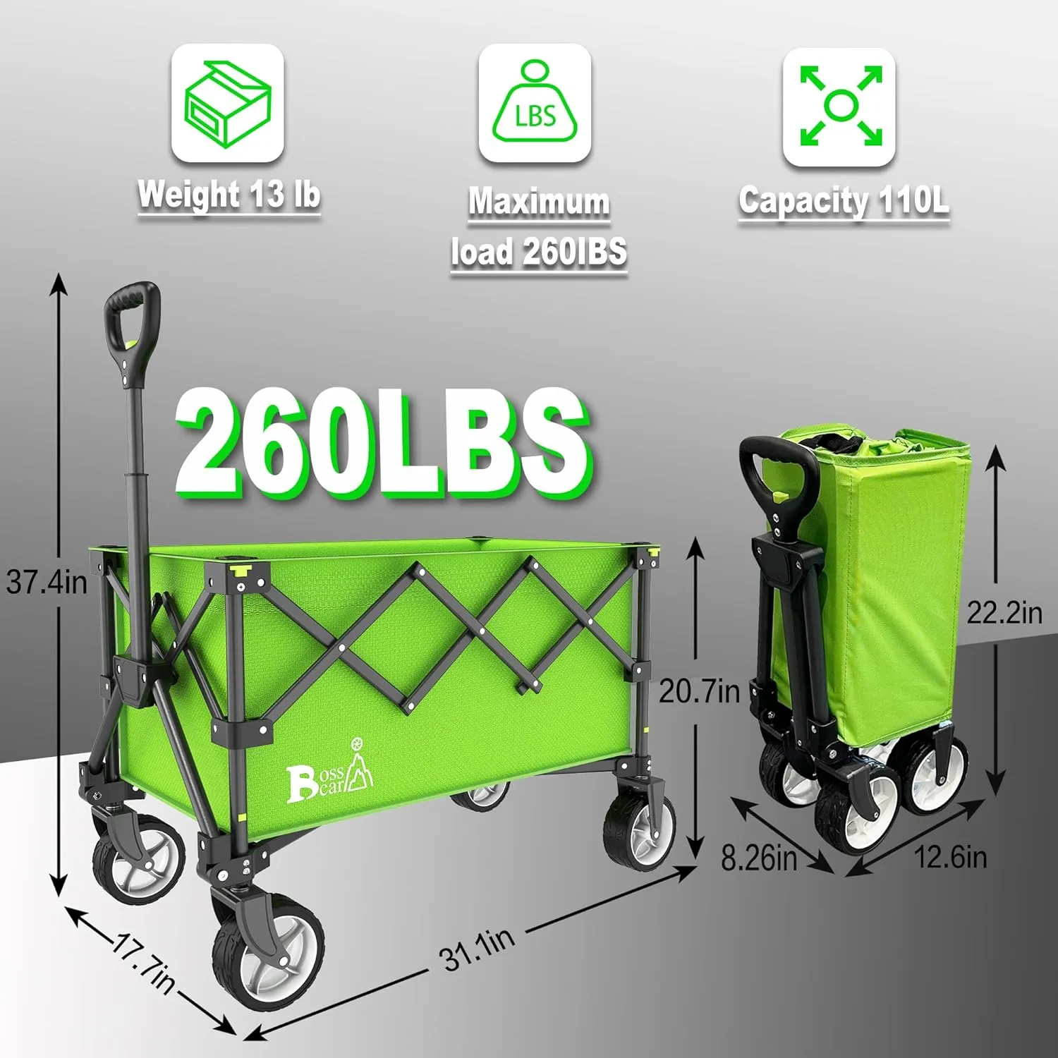 Collapsible Folding Wagon, Outdoor Utility Grocery Large Wagon Cart Heavy Duty Foldable with Silent Universal Wheels, Adjustable Handle, Camping, Garden, Shopping (Grey, 110L)