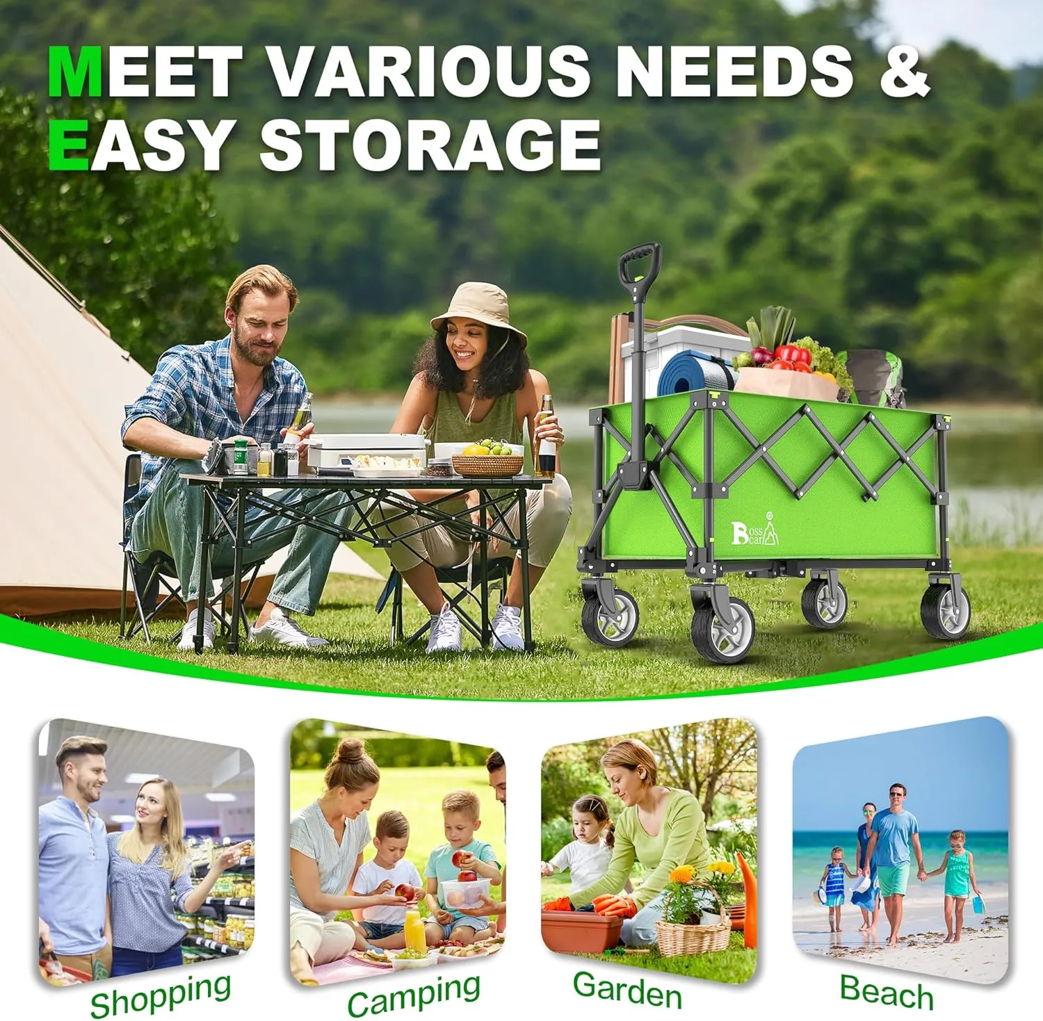 Collapsible Folding Wagon, Outdoor Utility Grocery Large Wagon Cart Heavy Duty Foldable with Silent Universal Wheels, Adjustable Handle, Camping, Garden, Shopping (Grey, 110L)