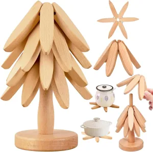 Collapsible Tree Trivet Set - 4 Heat-Resistant Wood Coasters   Stand | Space-Saver for Hot Pots/Pans, Scratch & Stain Resistant (Beech Wood)