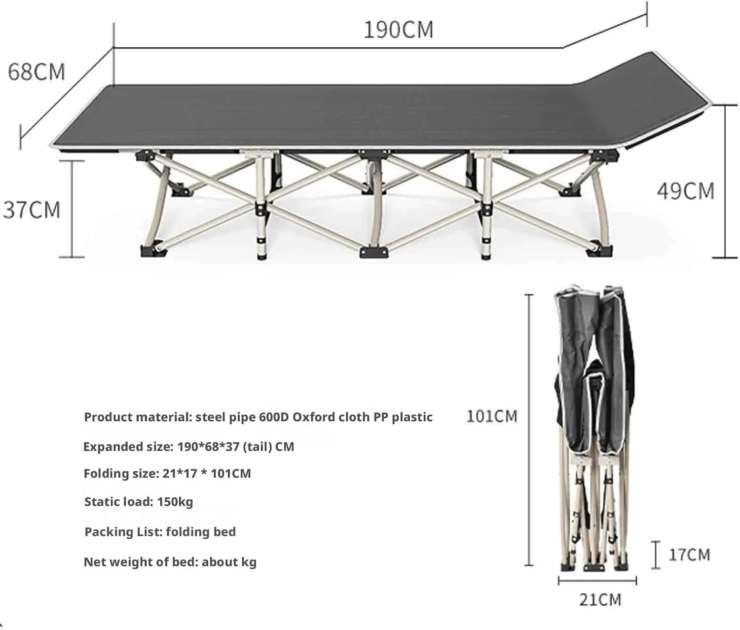 Cot for Camping, Queen Folding Bed/Accompanying/Office Nap/Camp Bed, Steel Pipe, 600D Oxford Cloth, Ergonomics, Non-Slip Foot Pad, Portable Storage(68x190)
