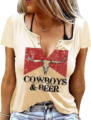 Cowboys & Beer Shirt for Women Country Music Tshirt Vintage Western Steer Skull Graphic Tees Cowboy Rodeo Blouse Top