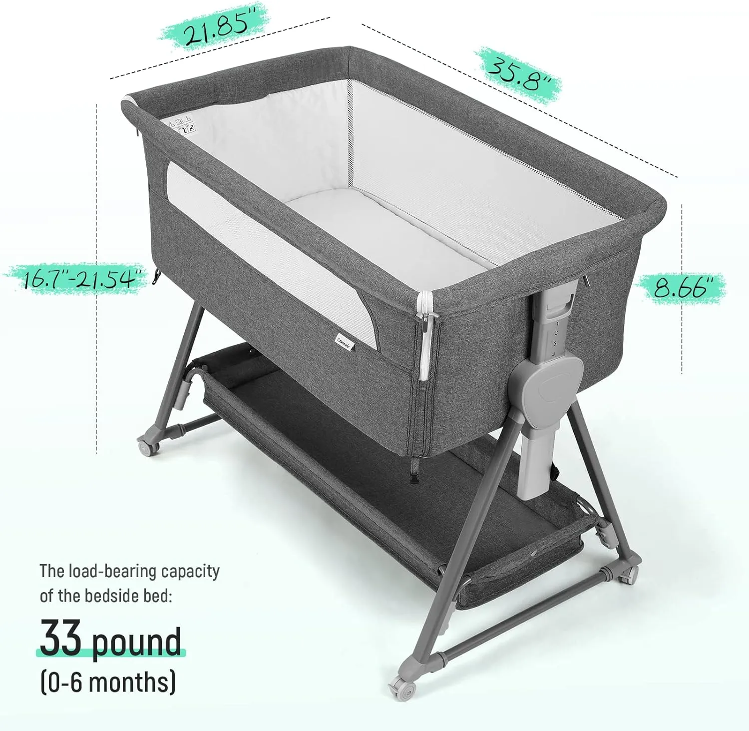Cowiewie Bassinet Bedside Sleeper, Baby Bassinet with 7 Adjustable Height, Bedside Bassinets for Baby with Breathable Mesh Sides & Mattress, XL Storage, Easy Folding Bedside Crib (Pyramid Dark Gray)