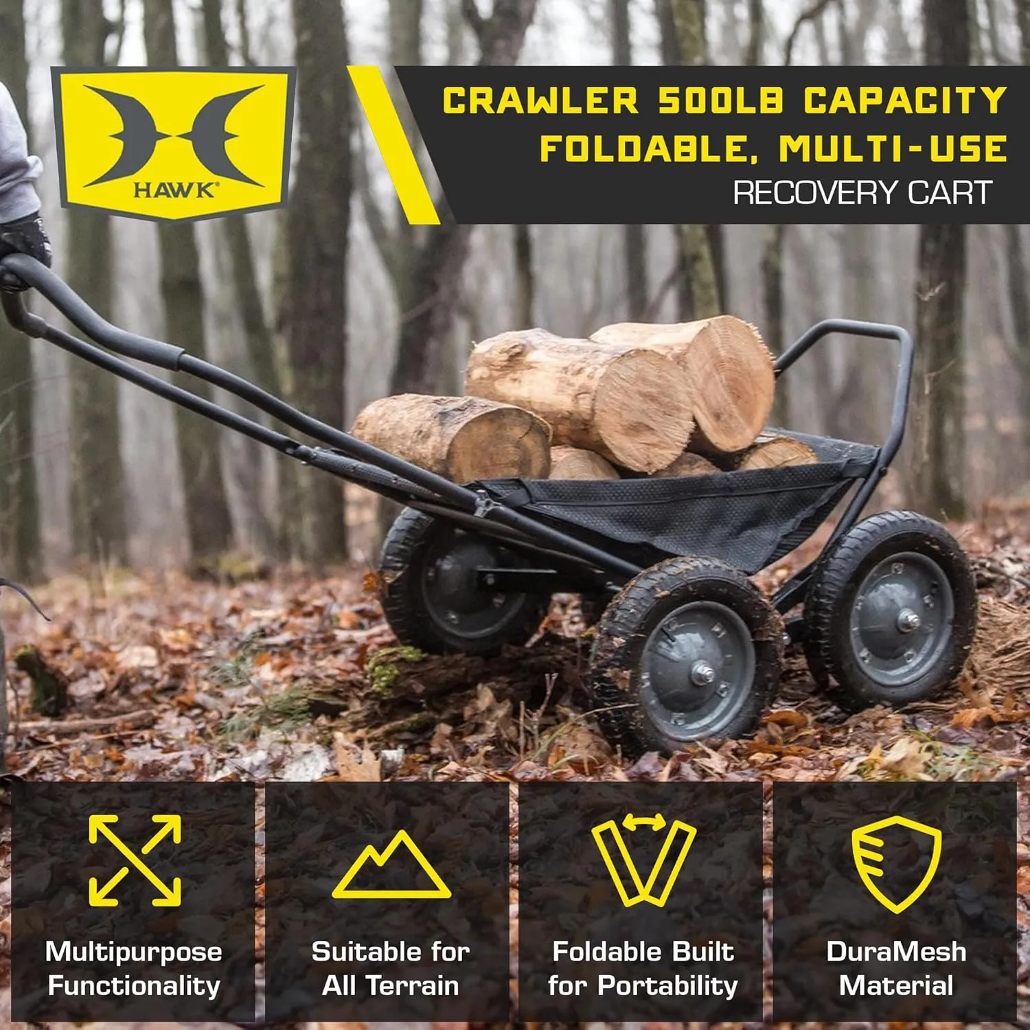 Crawler All-Terrain Multi-Use Deer Cart with Dual Pivoting Axles, 500 lb Capacity, Black - Hunting Hauler with Folding Frame and Versatile Sling for Easy Hauling of Game, Firewood & Bait