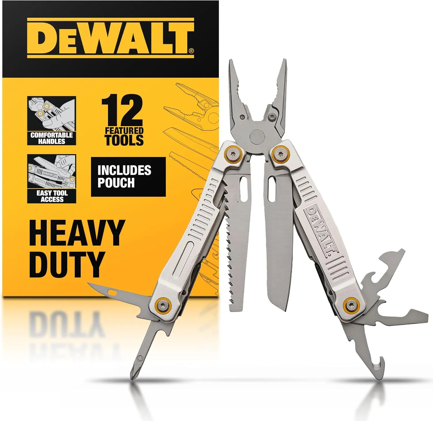 DEWALT 12-in-1 Multi-Tool with Pliers, Knife, Saw, Screwdrivers, Bottle & Can Opener – Stainless Steel Folding Pocket Tool with Sheath & Belt Clip for Construction, Trades & Jobsite Use