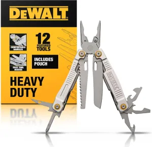 DEWALT 12-in-1 Multi-Tool with Pliers, Knife, Saw, Screwdrivers, Bottle & Can Opener – Stainless Steel Folding Pocket Tool with Sheath & Belt Clip for Construction, Trades & Jobsite Use