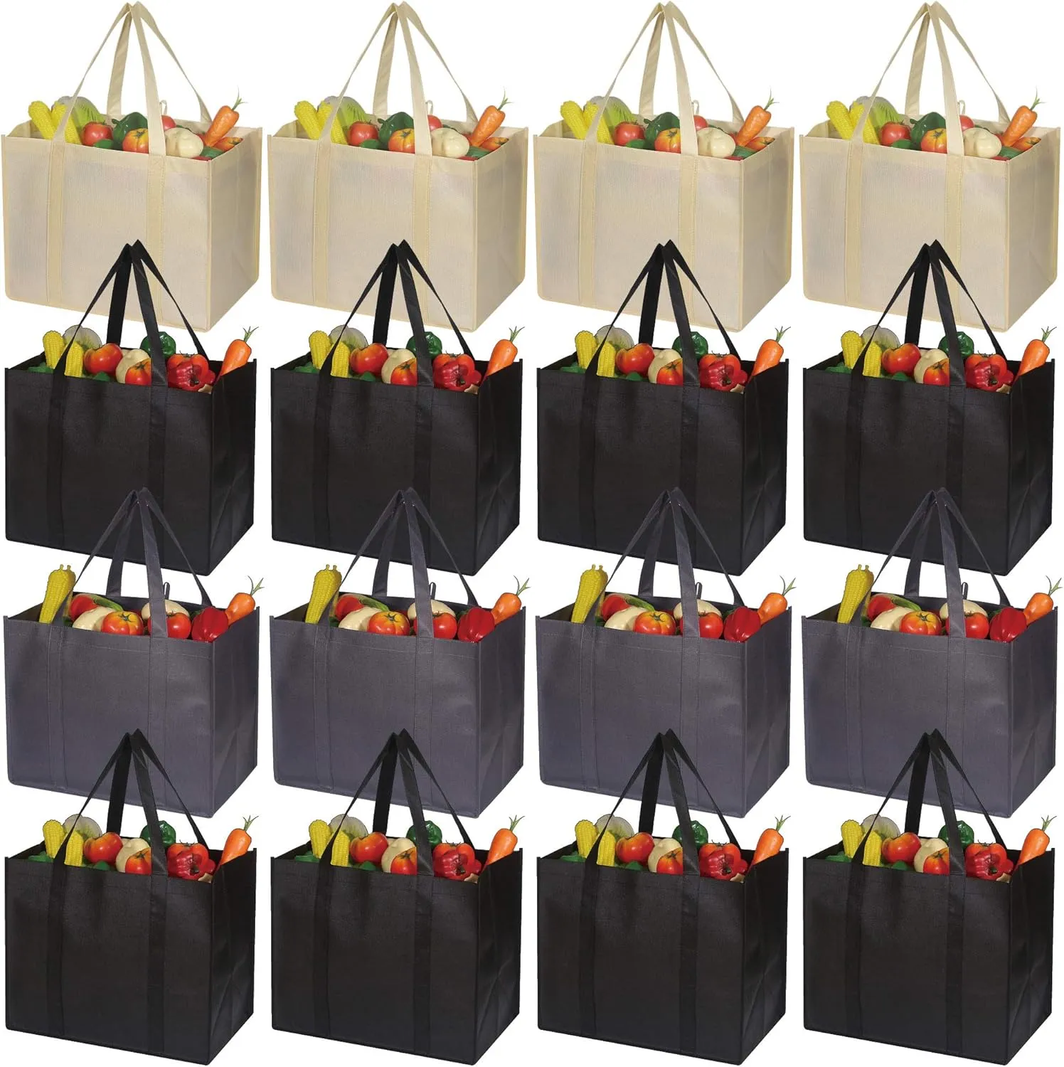 DIOMMELL 16 Pack Reusable Grocery Bags Large Foldable Heavy Duty Shopping Tote Produce Bag with Reinforced Handles for Groceries Clothes Vegetables Fruit, Black Gery Beige