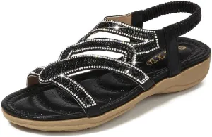 DKCHENH Rhinestone Sandals for Women Flat - Trendy Sparkling Boho Ladies' Flat Sandals,Beautiful Sparkling Boho Ladies' Flat Sandals for Summer.