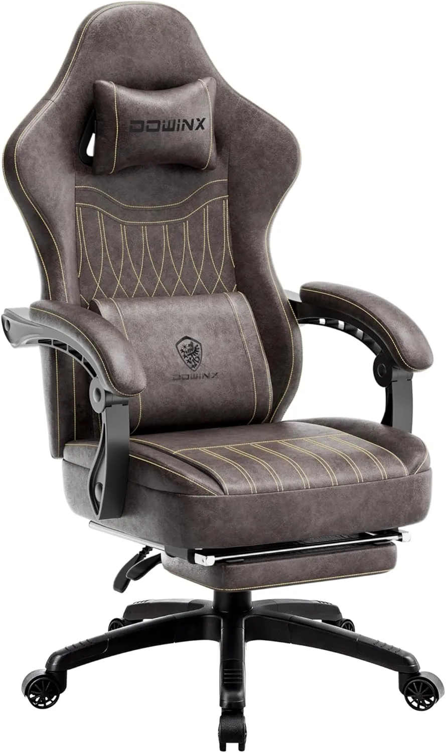 Dowinx Gaming Chair Breathable PU Leather Gamer Chairs with Pocket Spring Cushion, Ergonomic Computer Chair with Massage Lumbar Support,Adjustable Swivel Task Chairs with Footrest(Brown)