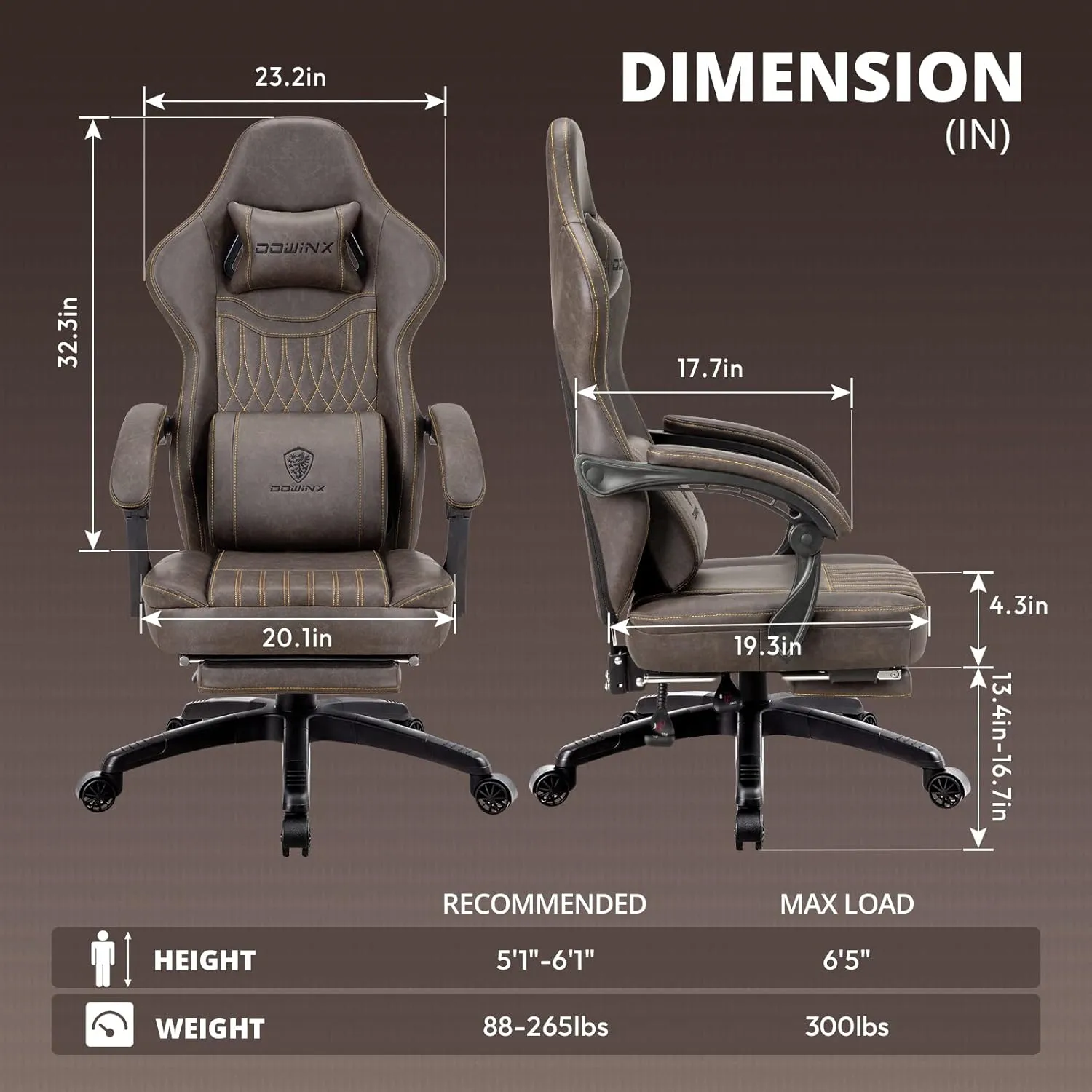 Dowinx Gaming Chair Breathable PU Leather Gamer Chairs with Pocket Spring Cushion, Ergonomic Computer Chair with Massage Lumbar Support,Adjustable Swivel Task Chairs with Footrest(Brown)