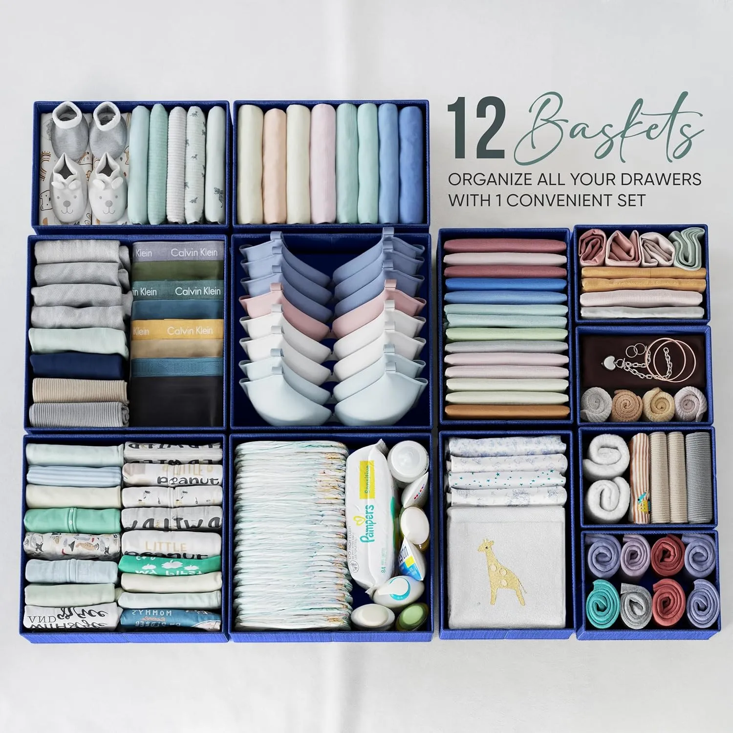 Drawer Organizer Set of 12 - Navy Dresser Organizer for Nursery, Bedroom & Closet