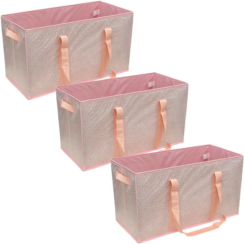 DURASACK Large Grocery Tote Bag 3-Pack All-Purpose Collapsible Tote Bags with Handles Kitchen Reusable Grocery Bags, Pink Geometric