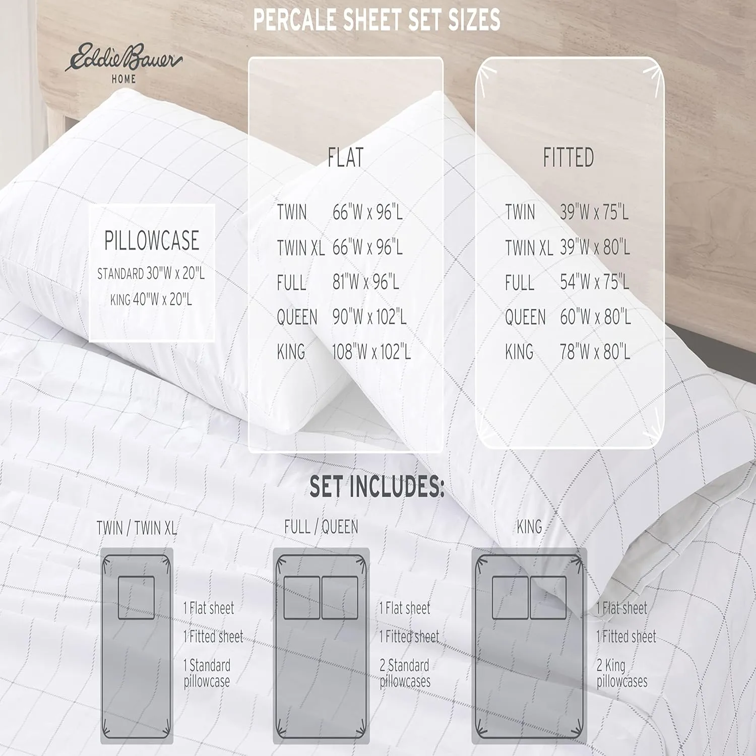 Eddie Bauer - Queen Sheets, Cotton Percale Bedding Set, Crisp & Cool Home Decor (Northern Plaid Grey, Queen)