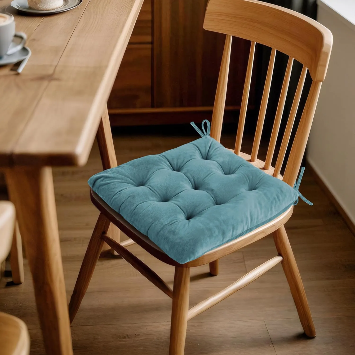 ELFJOY 4 Pack Chair Cushions for Dining Chairs Chair Pads Cushion for Kitchen Office Tufted Square Seat Cushion with Ties (16" Blue Velvet)