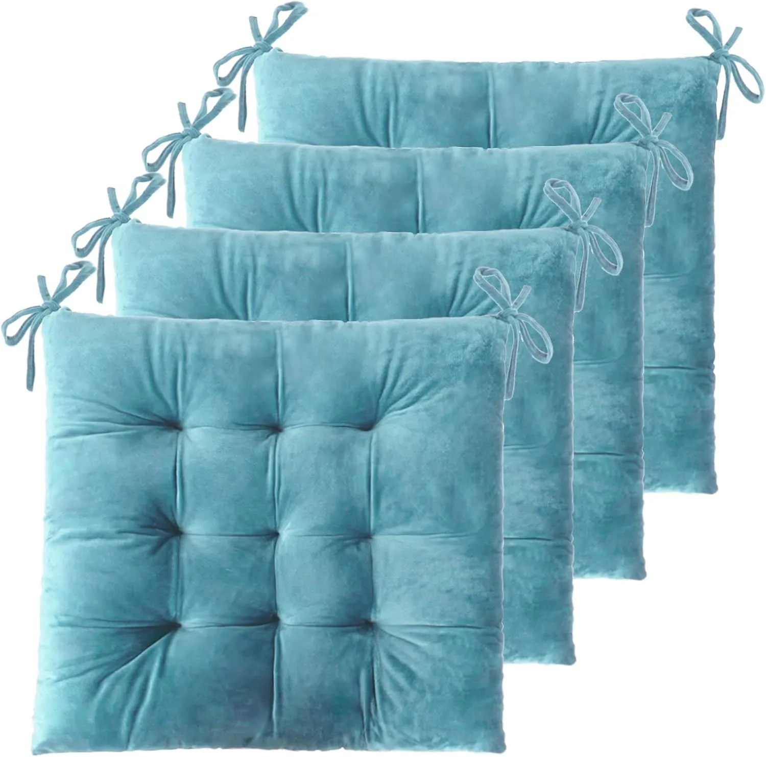 ELFJOY 4 Pack Chair Cushions for Dining Chairs Chair Pads Cushion for Kitchen Office Tufted Square Seat Cushion with Ties (16" Blue Velvet)