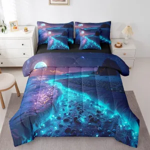 Erosebridal Seawater Bedding Queen Size 7pcs Bed in a Bag, Seaside Cobblestone Moon Beach Bedding Comforter Sets, Shiny Starry Sky Sea Mountains Bed Sheets Set, Blue Black Landscape Comforter Set