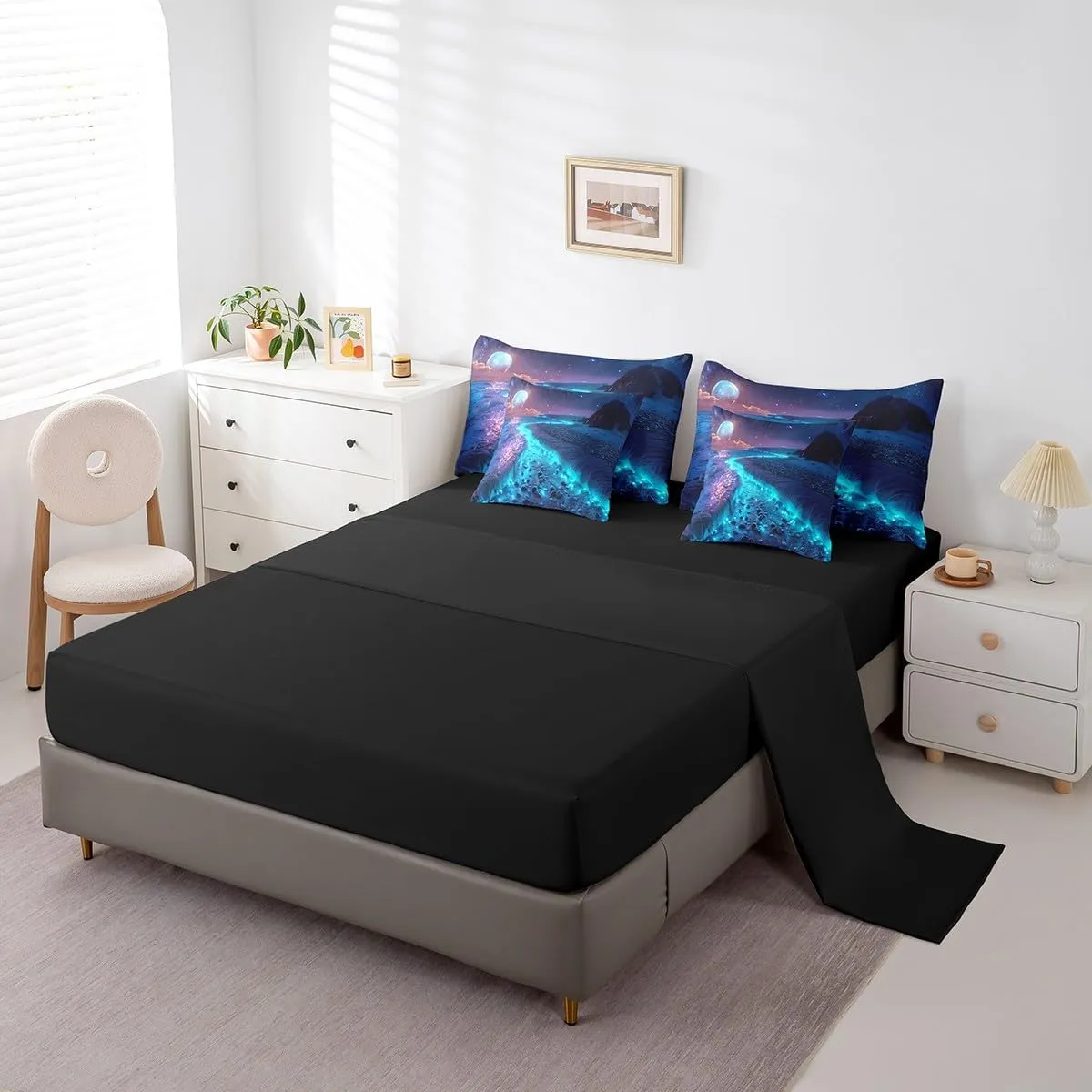 Erosebridal Seawater Bedding Queen Size 7pcs Bed in a Bag, Seaside Cobblestone Moon Beach Bedding Comforter Sets, Shiny Starry Sky Sea Mountains Bed Sheets Set, Blue Black Landscape Comforter Set
