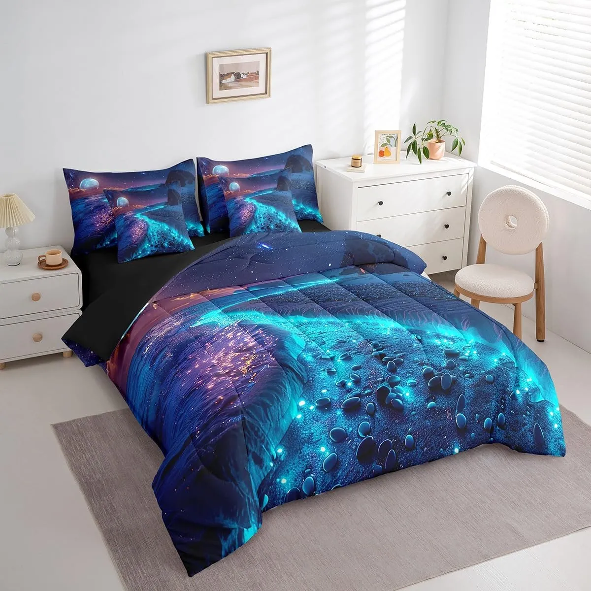 Erosebridal Seawater Bedding Queen Size 7pcs Bed in a Bag, Seaside Cobblestone Moon Beach Bedding Comforter Sets, Shiny Starry Sky Sea Mountains Bed Sheets Set, Blue Black Landscape Comforter Set