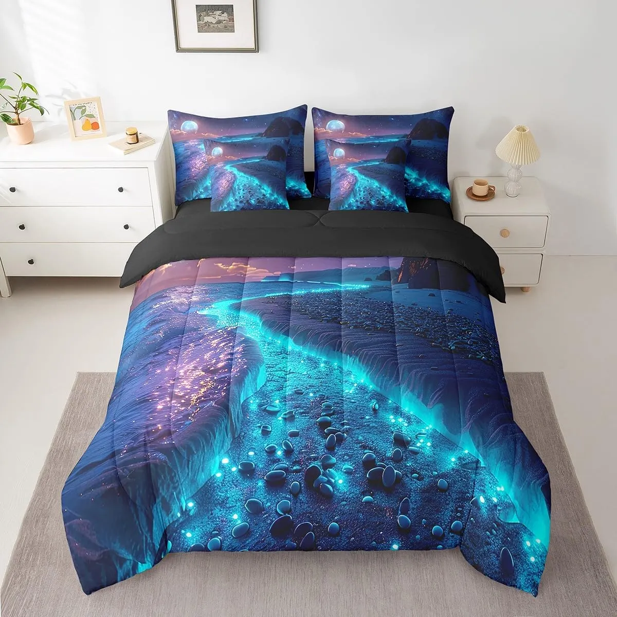 Erosebridal Seawater Bedding Queen Size 7pcs Bed in a Bag, Seaside Cobblestone Moon Beach Bedding Comforter Sets, Shiny Starry Sky Sea Mountains Bed Sheets Set, Blue Black Landscape Comforter Set