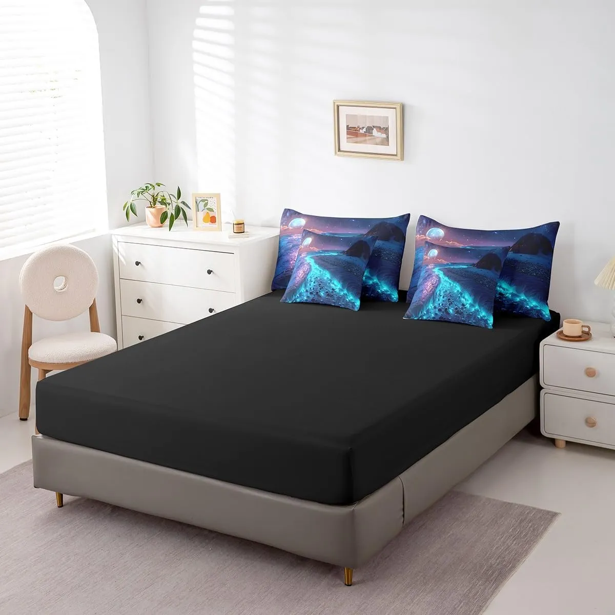 Erosebridal Seawater Bedding Queen Size 7pcs Bed in a Bag, Seaside Cobblestone Moon Beach Bedding Comforter Sets, Shiny Starry Sky Sea Mountains Bed Sheets Set, Blue Black Landscape Comforter Set