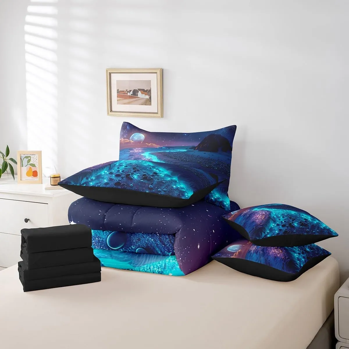 Erosebridal Seawater Bedding Queen Size 7pcs Bed in a Bag, Seaside Cobblestone Moon Beach Bedding Comforter Sets, Shiny Starry Sky Sea Mountains Bed Sheets Set, Blue Black Landscape Comforter Set
